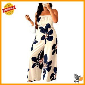 Plus Size Strapless Jumpsuit Floral Print Off Shoulder Summer Romper